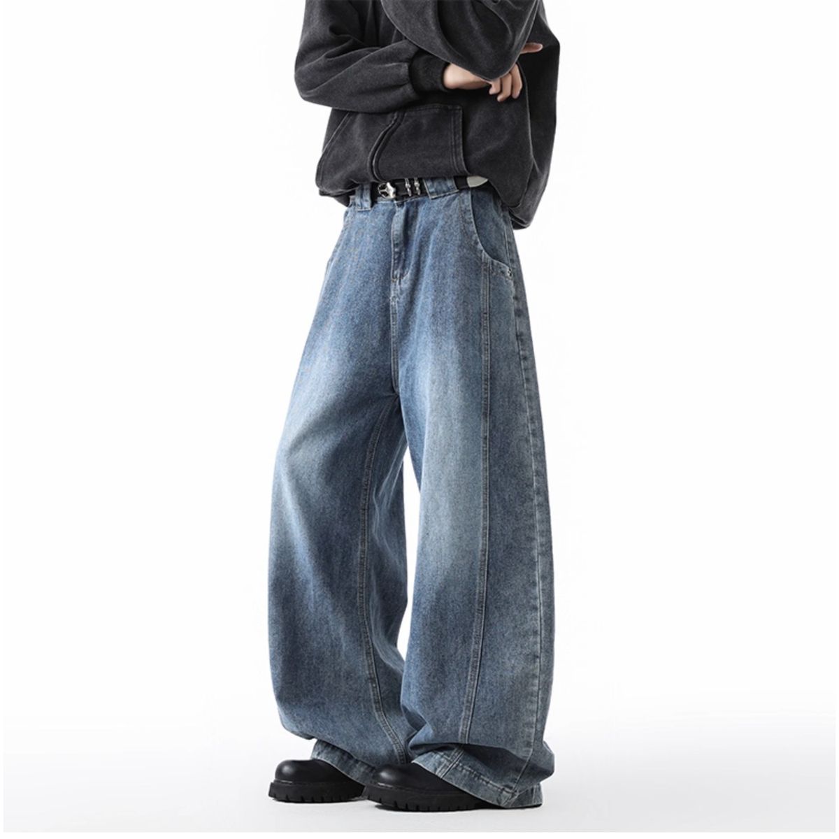 New Men's Patchwork Casual Jeans Trendy And Versatile High Street Style Retro Wide Leg Pants_mkmklike.com