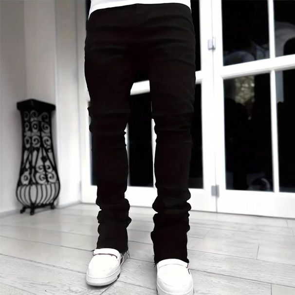 Men's Clothing Comfort Slim Fit Jeans Fleece Lined Thickened High Street Style Slightly Flared Long Pants_mkmklike.com