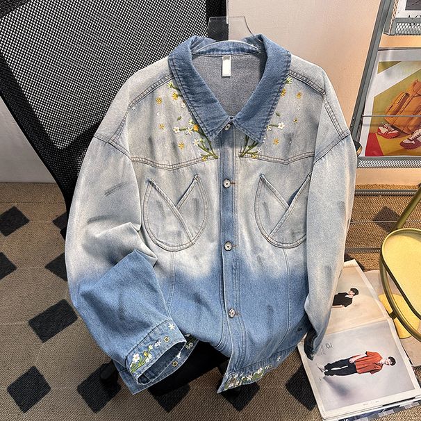 Unisex Denim Jacket With Gradient Floral Embroidery - Loose Fit Workwear Style For Men & Women Fashion Trends_mkmklike.com