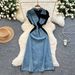 Women's Clothing Retro Lapel Sleeveless Denim Dress Summer Irregular Splicing Royal Sister Light Luxury Mid Length Skirt_mkmklike.com