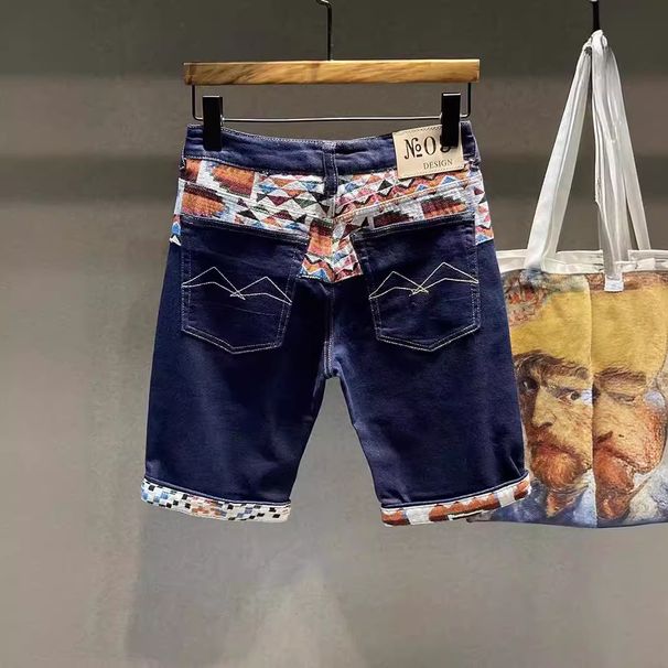 Men's Stretch Denim Shorts With Embroidered Detailing – Mid-Length Relaxed Fit Casual Summer Shorts In Dark Blue_mkmklike.com