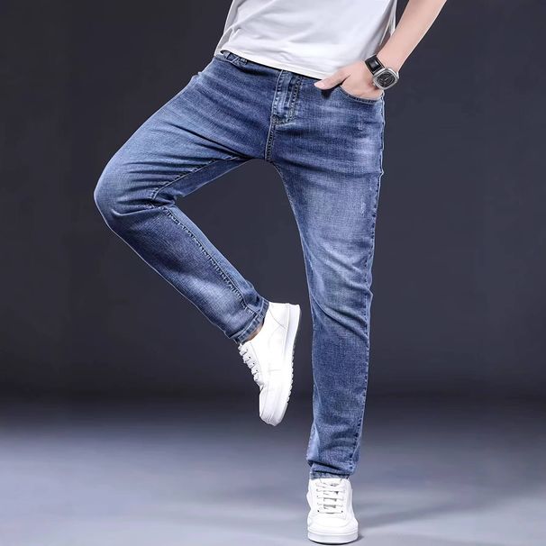 Men's Stretch Blue Skinny Jeans Multi Layered Design Slim Fit Flattering Trousers_mkmklike.com