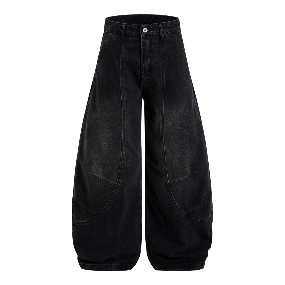 Washed Vintage Punk Loose Wide-Leg Jeans For Men, Trendy Deconstructed Split Design, Oversized Floor-Length Pants_mkmklike.com
