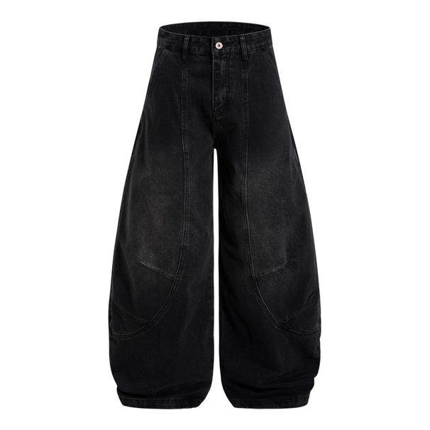 Washed Vintage Punk Loose Wide-Leg Jeans For Men, Trendy Deconstructed Split Design, Oversized Floor-Length Pants_mkmklike.com