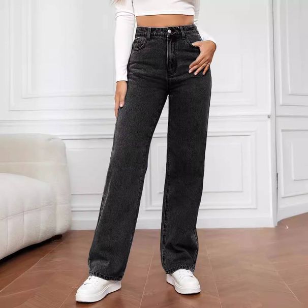 High-waisted Women's Fashionable Street Style Fleece-lined And Unlined Washed Loose Wide-leg Straight-leg Pants_mkmklike.com