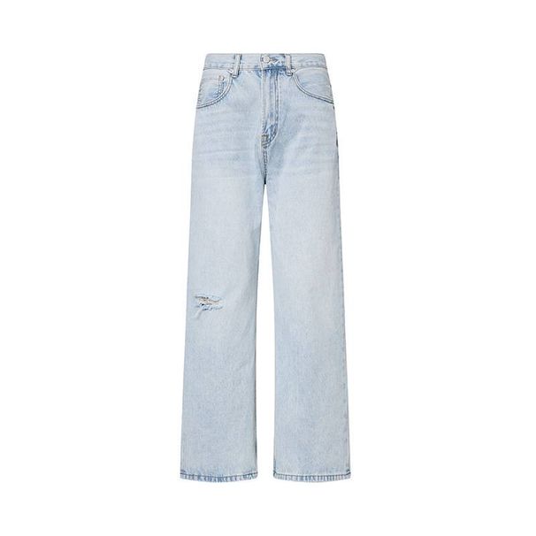 Men's Distressed Light Blue Relaxed Fit Cleanfit Style Straight Leg Jeans For Summer - High Street Fashion Casual Pants_mkmklike.com