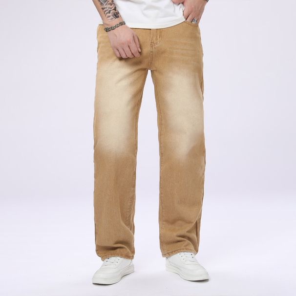 Men's Tan Straight Leg Jeans Street Style Casual Versatile Trousers For All Seasons_mkmklike.com