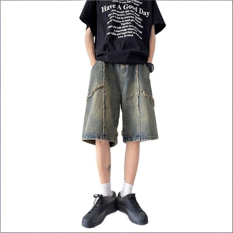 Men's Clothing Retro High Street Men's Denim Shorts Summer Style Casual Trendy Five Point Frayed Hem Mid Length Versatile Shorts_mkmklike.com