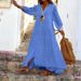 Women's Clothing Solid V-Neck Long Sleeve Bohemian Cotton Hemp Dress_mkmklike.com