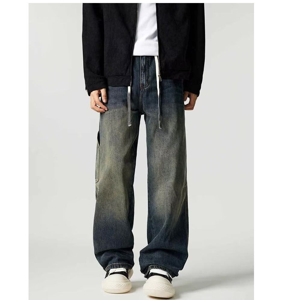 Men's Clothing Spring And Autumn High Street Retro Washed Workwear Drawstring Jeans Men's Loose Wide Leg Straight Casual Pants_mkmklike.com