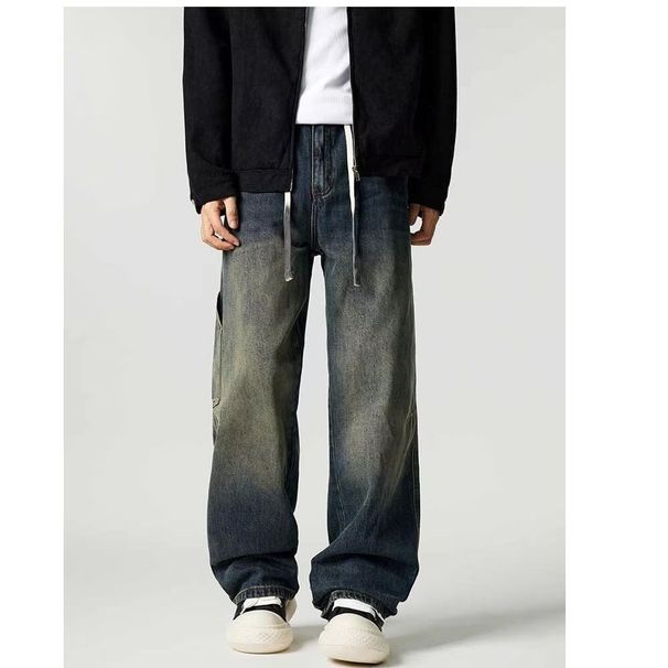 Men's Clothing Spring And Autumn High Street Retro Washed Workwear Drawstring Jeans Men's Loose Wide Leg Straight Casual Pants_mkmklike.com