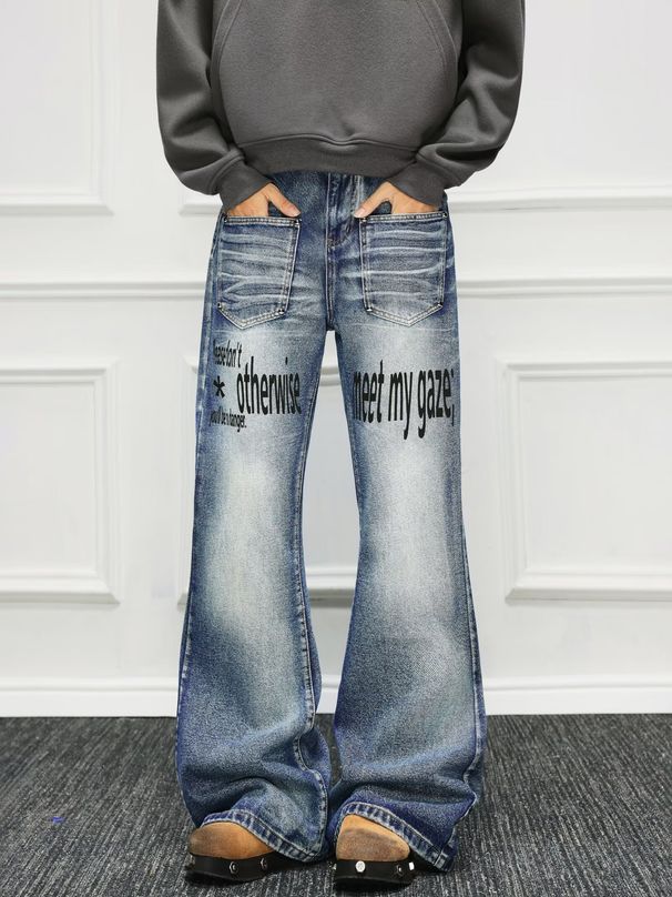 Streetwear Men's Printed Jeans - Trendy High-Fashion Hip-Hop Denim Pants With Bold Lettering For Urban & Casual Style_mkmklike.com