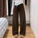Retro American Brown Curved Jeans plus Size Women Straight Leg Slimming Wide Leg Pants for Pear Shaped Figures Autumn Style_mkmklike.com