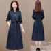 ELLE Collared Denim Women, Spring And Autumn New Style, Slim Fit, Mid-Length, Two-Piece Dress For Moms_mkmklike.com