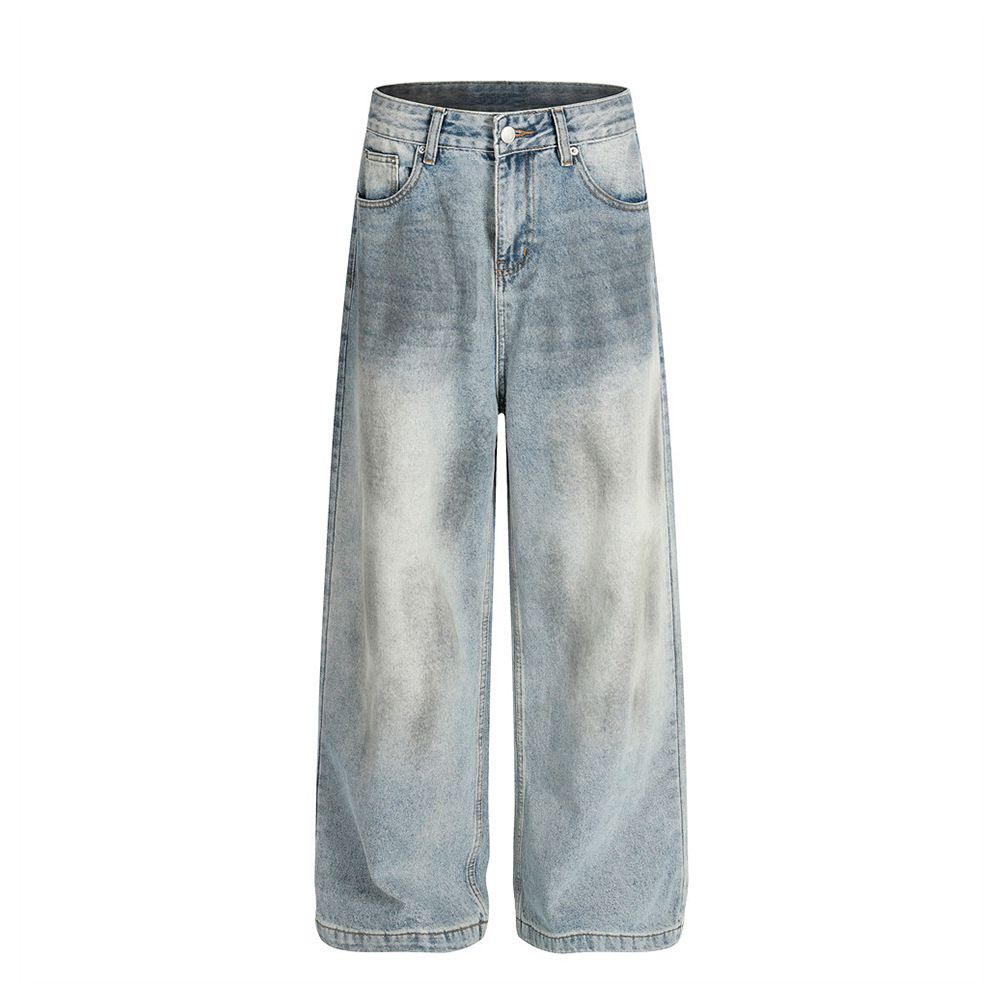Punk Wasteland Spray Paint Vintage Dirty Jeans For Men, Niche Loose Wide-Leg Washed Frayed Straight Long Pants Trendy_mkmklike.com
