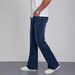 Men's Trendy Stretch Denim Trousers Slim Fit Business Casual Flared Hem Navy Blue_mkmklike.com