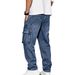 Vintage American Workwear Jeans For Men – Mid-Rise Utility Pants With Multi-Pockets (Peacock Blue/Black, S-XXL)_mkmklike.com