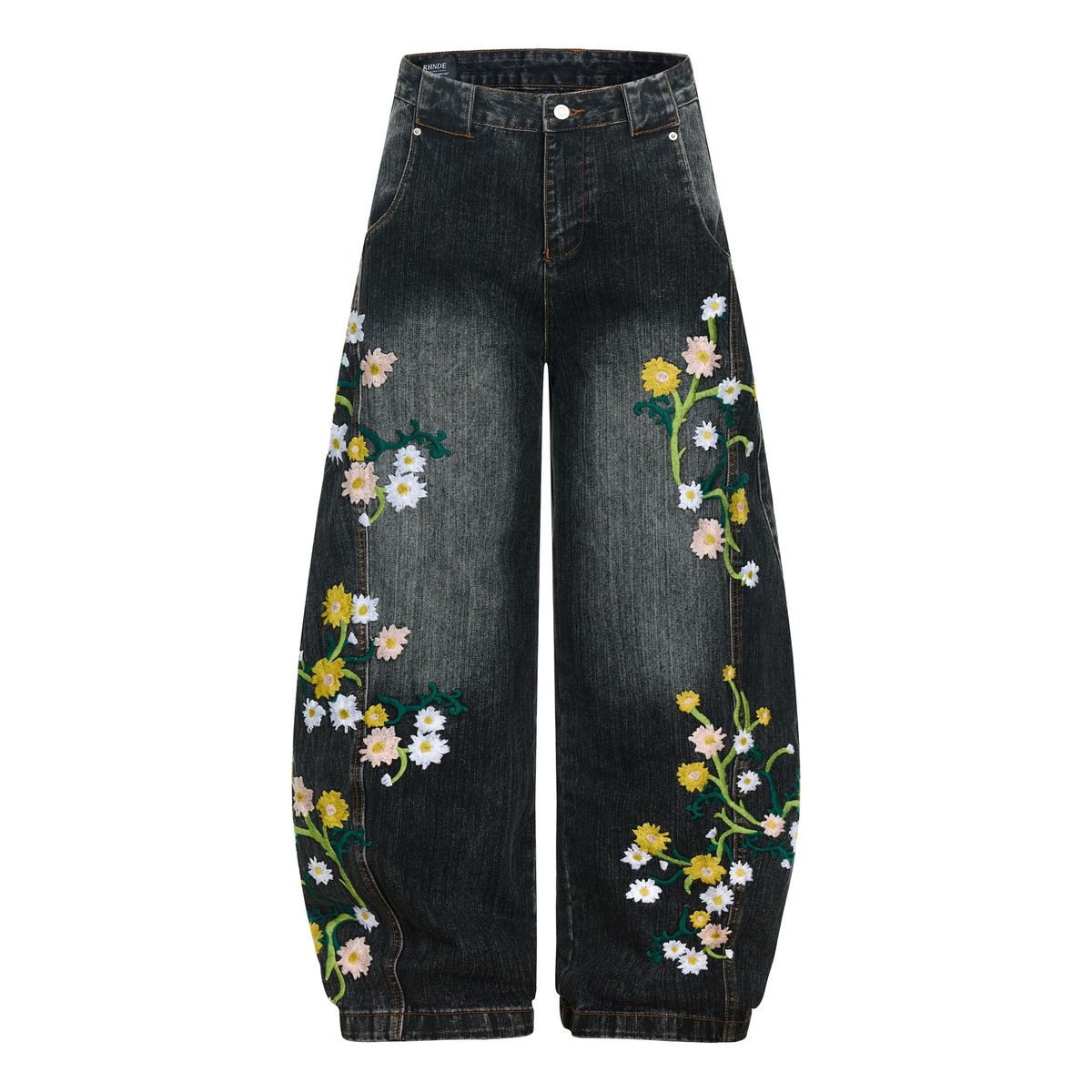 Men's Loose Curved Jeans Retro Style Trendy Bamboo Pattern Embroidery High Street Design_mkmklike.com