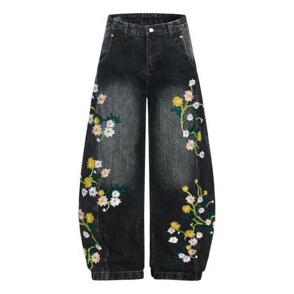 Men's Loose Curved Jeans Retro Style Trendy Bamboo Pattern Embroidery High Street Design_mkmklike.com