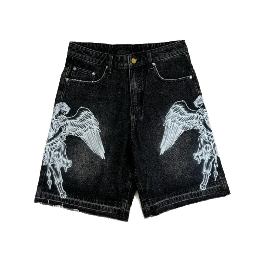 Retro Harajuku Loose Fit Printed Denim Shorts Casual Street Style Washed Capri Pants for Men Summer Fashion_mkmklike.com