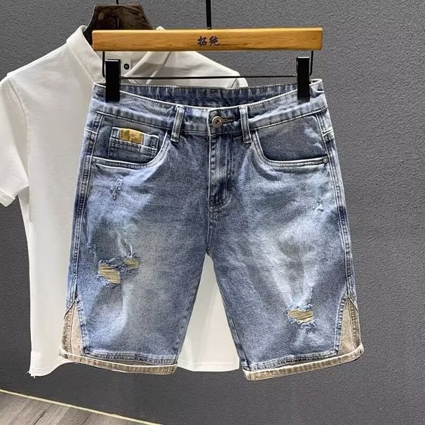 Men's Retro Nostalgic Japanese Style Ripped Denim Shorts Mid-Length Casual Fashion Straight Fit Summer Trend Pants_mkmklike.com