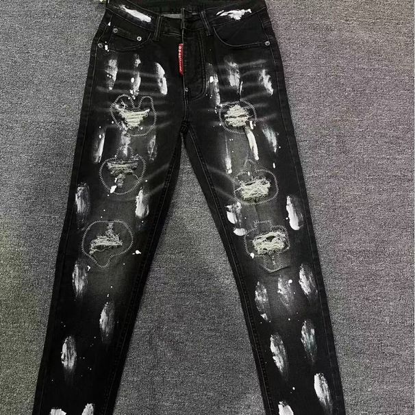 Men's Slim Fit Distressed Jeans Ripped Denim Pants Black/Grey Stretch Comfort Mid Waist Long Cotton Pencil Pants_mkmklike.com