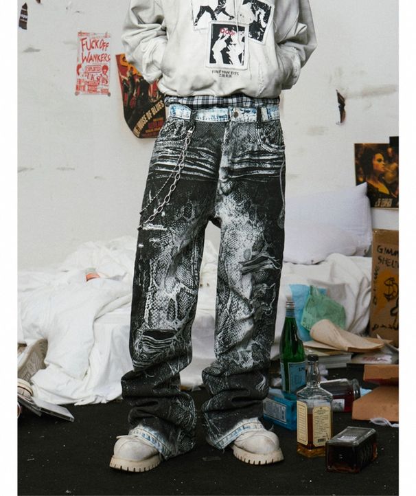 Men's Clothing Same Original Design Digital Printing 3D Printing Pants Chain Printing Straight Jeans_mkmklike.com