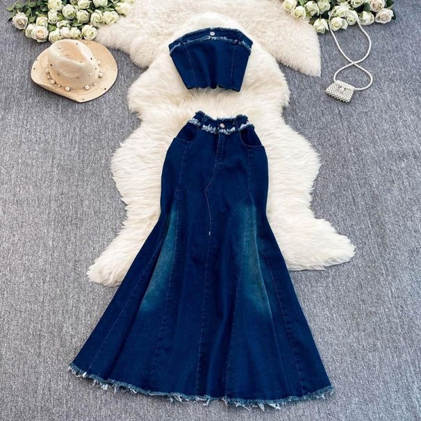 Women's Clothing Raw Edge Denim Tube Top With Internet Celebrity Photogenic High School Long Skirt Two Piece Suit_mkmklike.com