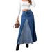 Summer New Women's Large Skirt Patchwork Denim A-Line Long Skirt With Frayed Edges Style Clothing_mkmklike.com