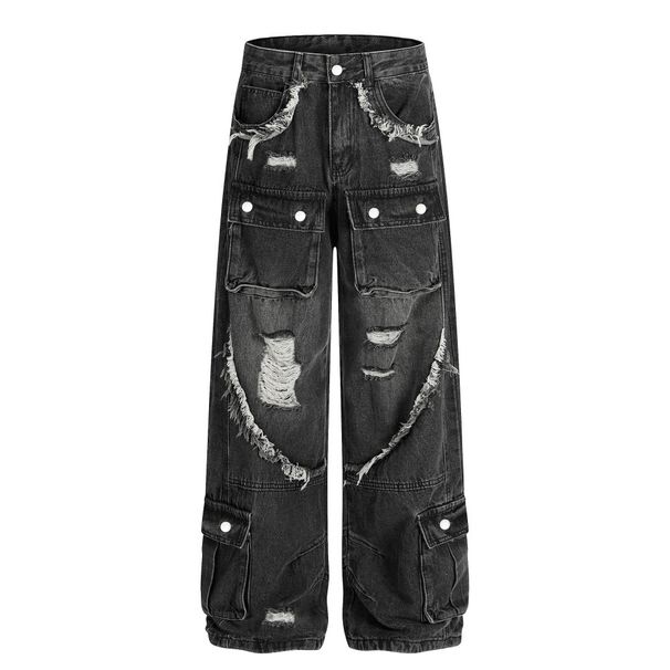 Distressed Cargo Jeans For Men Heavy-duty Vintage Washed Wide-leg Straight Long Pants Multi-pocket Loose Trendy_mkmklike.com