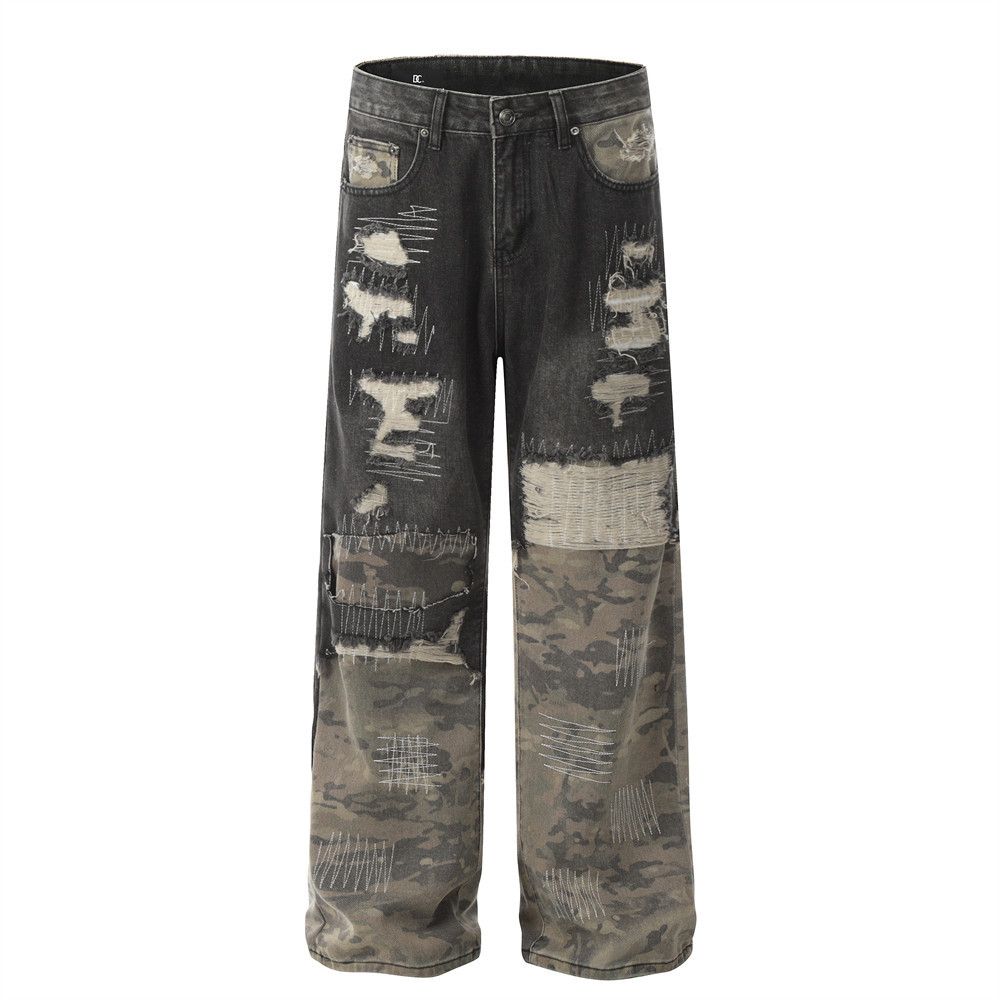 Patchwork Camouflage Jeans Men's American High Street Heavy-duty Ripped Vintage Design Trendy Loose Straight Long Pants_mkmklike.com