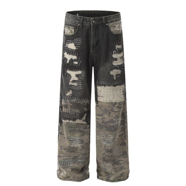 Patchwork Camouflage Jeans Men's American High Street Heavy-duty Ripped Vintage Design Trendy Loose Straight Long Pants_mkmklike.com
