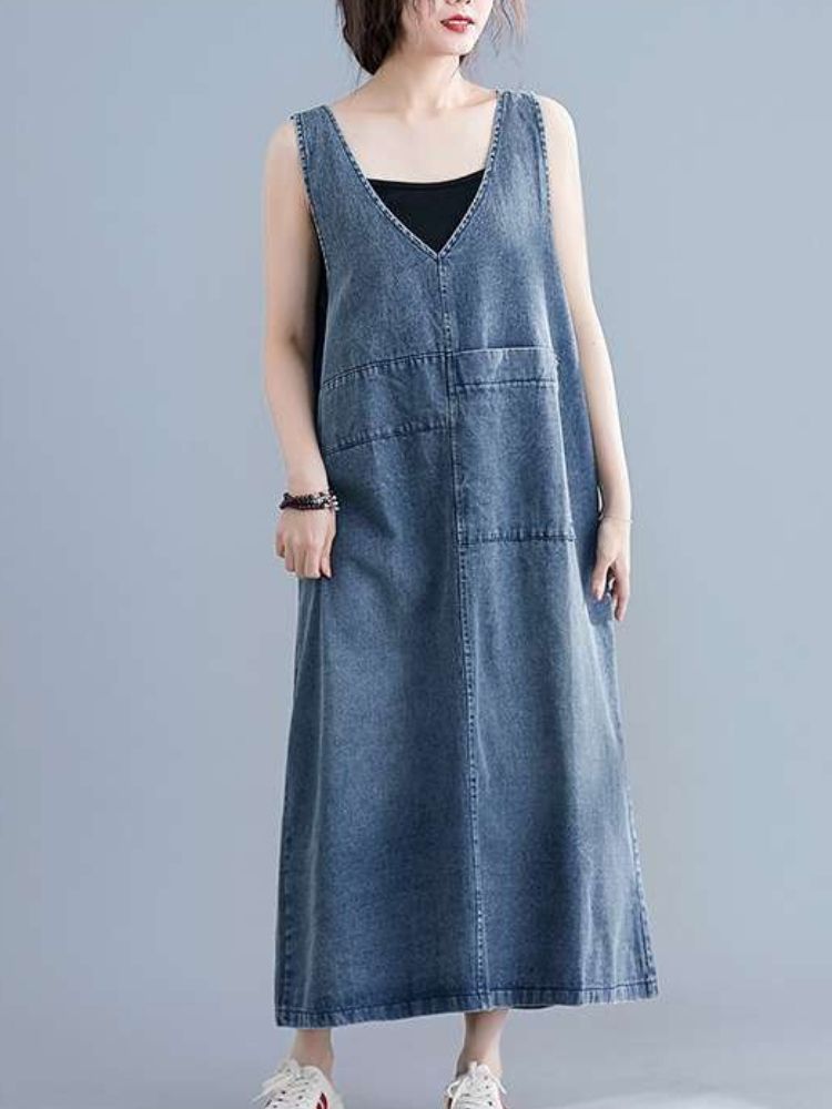 K New Shoulder Strap Dress For Women, Medium To Long, A-level Solid Color, V-neck, Artistic Retro Plus Size_mkmklike.com