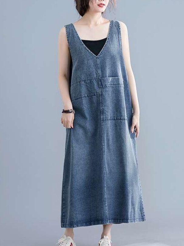 K New Shoulder Strap Dress For Women, Medium To Long, A-level Solid Color, V-neck, Artistic Retro Plus Size_mkmklike.com