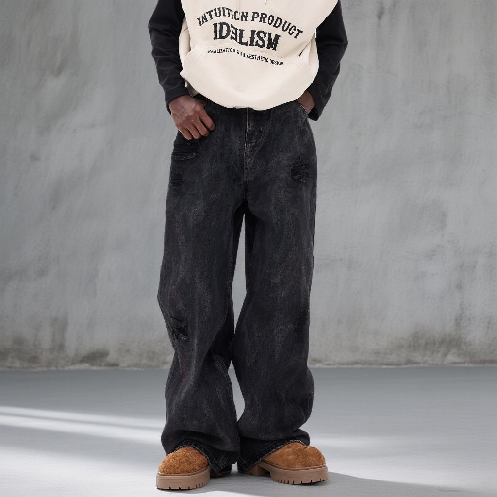 Men's Distressed Graffiti Straight Leg Jeans - Black Grey Washed Denim Pants With Hand-Painted Details_mkmklike.com