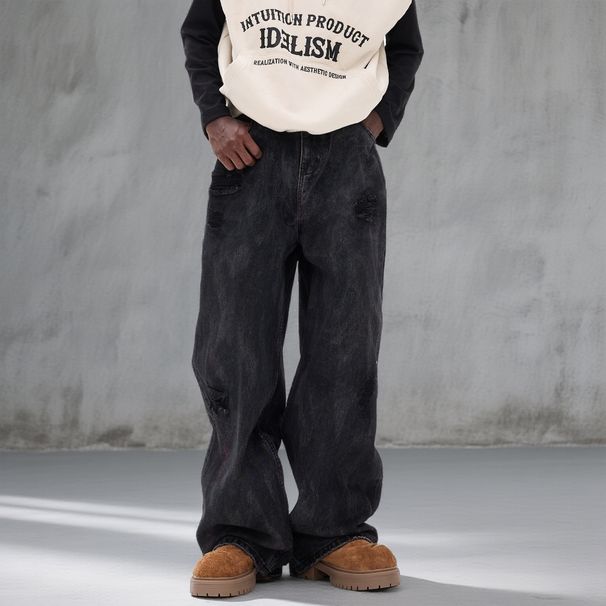 Men's Distressed Graffiti Straight Leg Jeans - Black Grey Washed Denim Pants With Hand-Painted Details_mkmklike.com