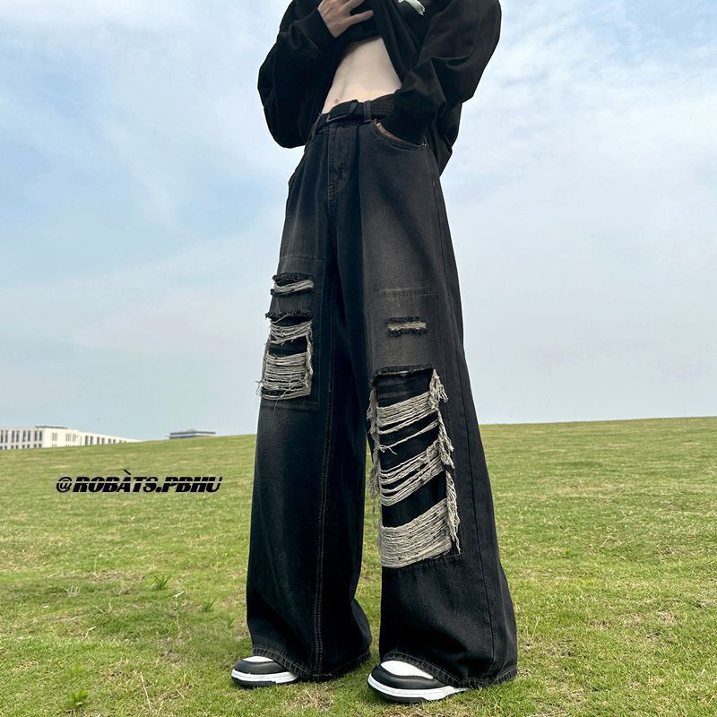 American Street Hiphop Pants Washed Old Stitching Fake Ripped Jeans Vintage Loose Wide-leg Pants_mkmklike.com