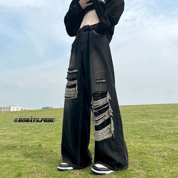 American Street Hiphop Pants Washed Old Stitching Fake Ripped Jeans Vintage Loose Wide-leg Pants_mkmklike.com