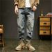 Men's Clothing Ripped Jeans Trendy Retro Patched Loose Straight Leg Casual Trousers Mid Waist Standard Thickness Spring Autumn_mkmklike.com