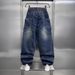 Men's Relaxed Fit Straight Leg Jeans - Vintage Washed Blue-Gray Denim Pants With Utility Stitching & Rope Tie Closure_mkmklike.com