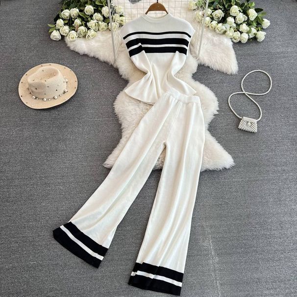 Women's Clothing sleeveless slim fit knitted top two piece suit casual high waist slim straight wide leg pants_mkmklike.com