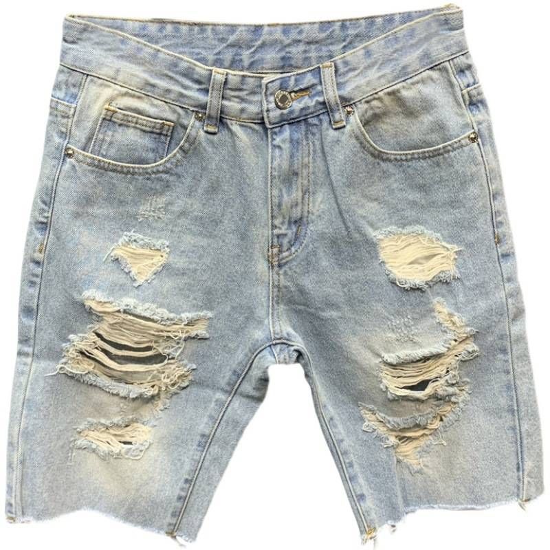 Men's Clothing Ripped Denim Shorts Light Color Shorts Trendy Loose Raw Edge Mid Length Pants Breeches Beggar Pants_mkmklike.com