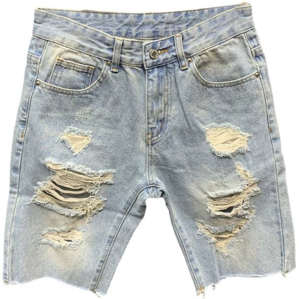 Men's Clothing Ripped Denim Shorts Light Color Shorts Trendy Loose Raw Edge Mid Length Pants Breeches Beggar Pants_mkmklike.com