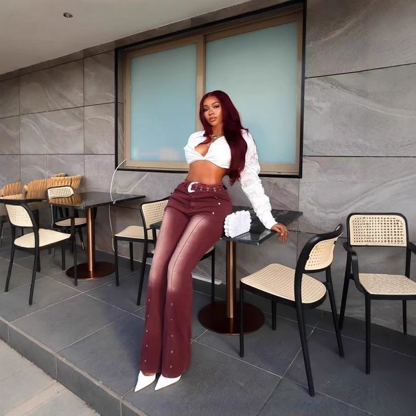 Women's Clothing Design Slim Fit Jeans High-Waisted Flared Jeans With Belt Loops & Studded Details - Vintage Washed Denim Pants For Women (S-XXL)_mkmklike.com