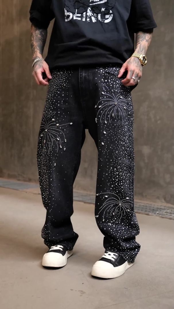 Men's Jeans Starry Sky Hotfix Rhinestone Washed Black Jeans_mkmklike.com