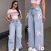 Women's Clothing Street Hot Girl Bow Collage Washed Jeans Straight Trousers_mkmklike.com