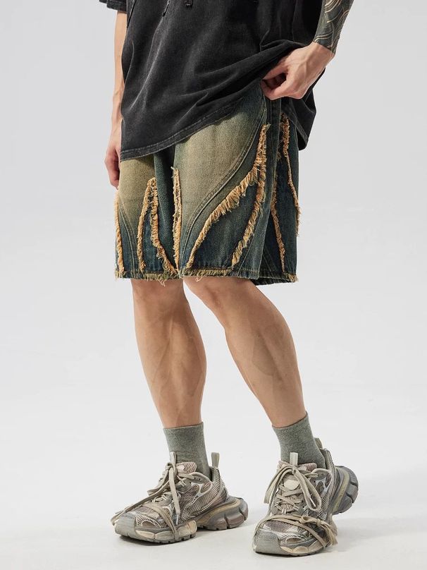 Men's High Street Loose Fitting Casual Denim Shorts Retro Washed And Distressed Lace Up Details Vibe Style_mkmklike.com