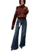 Dark Blue Bamboo-pattern Vintage Flared Jeans 2025, High-waisted, Trendy, Loose-fitting Bell-bottom Pants For Tall_mkmklike.com