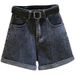 Women's Black Gray Denim Shorts Summer Thin Ins Korean Style Slimming Casual Rolled Hem A-Line Wide Leg Hot Pants_mkmklike.com