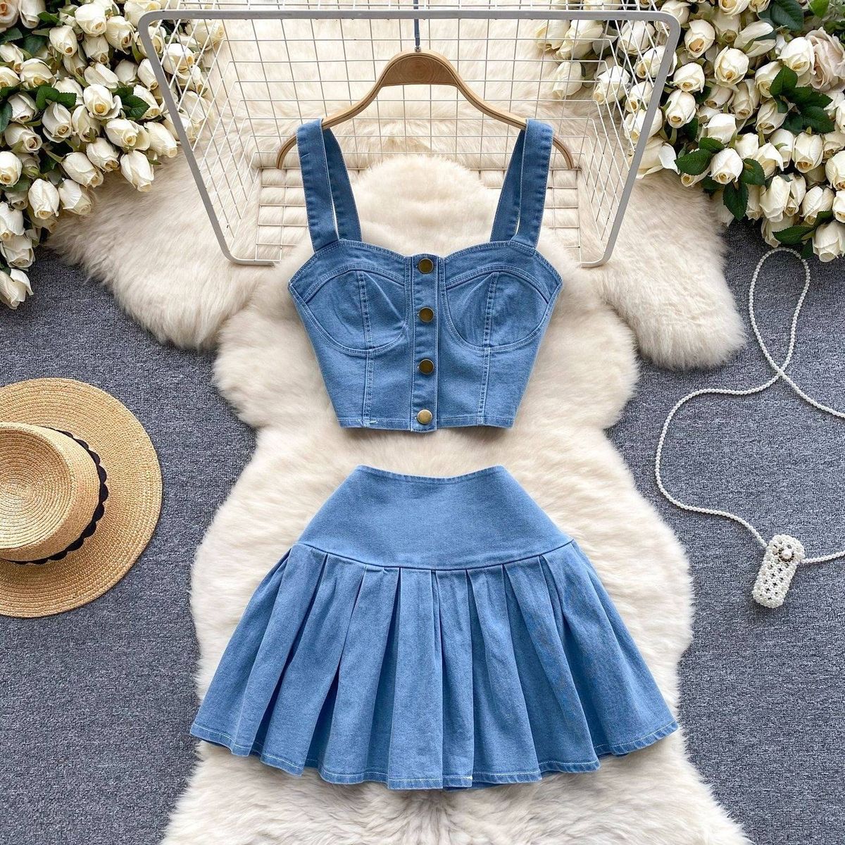 Women's Clothing Retro Hot Girl Style Suit Short Camisole Versatile Mini Skirt Denim Two Piece Suit_mkmklike.com